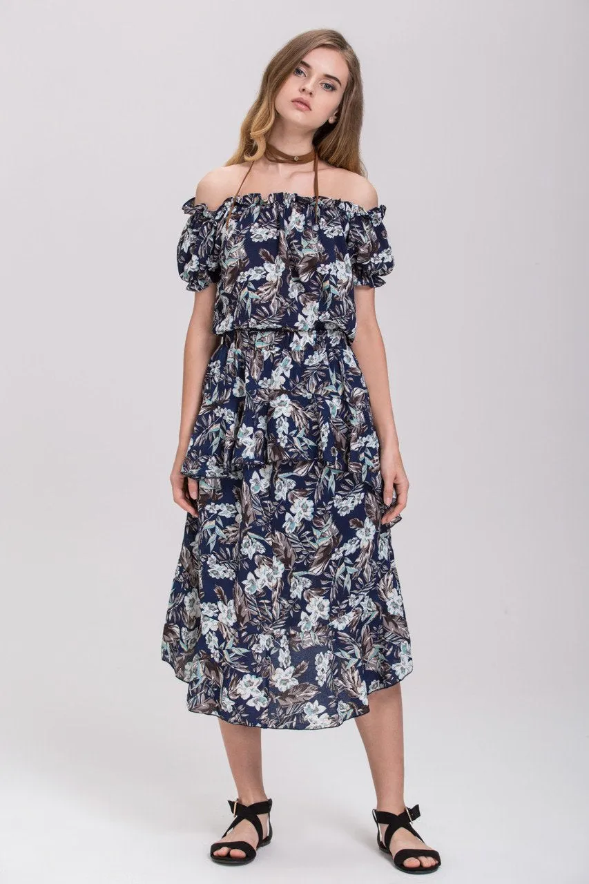 Blue Floral Printed Off the Shoulder and Ruffled Skirt Set