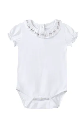 Bodysuit - White jersey with floral embroidered collar