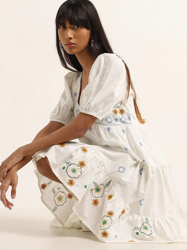 Bombay Paisley Ivory Floral Embroidered Tiered Cotton Dress