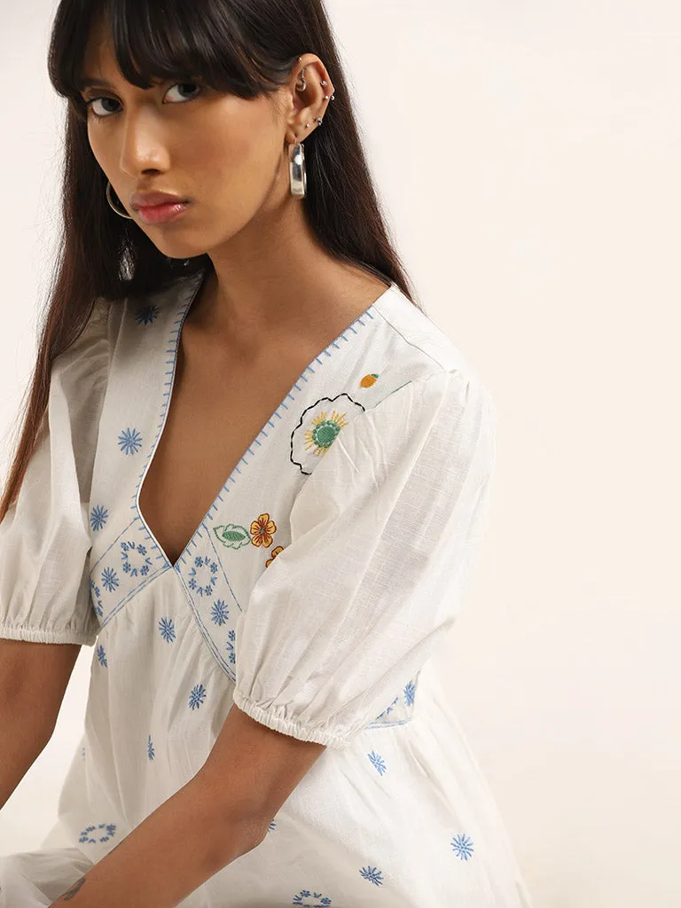 Bombay Paisley Ivory Floral Embroidered Tiered Cotton Dress