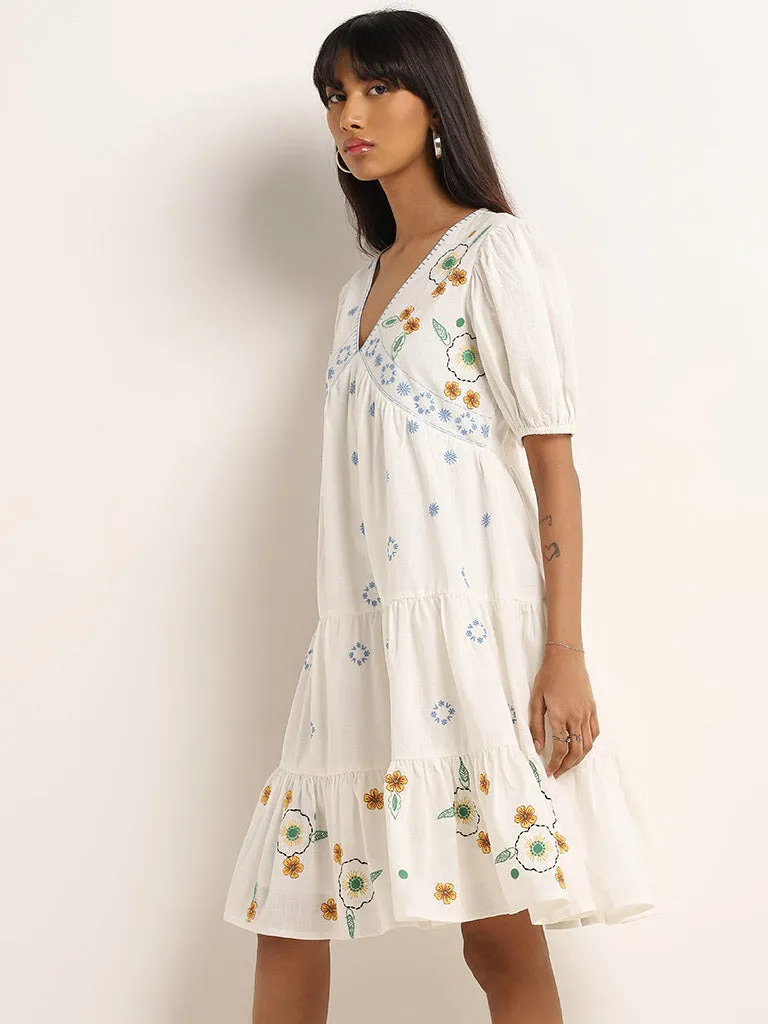 Bombay Paisley Ivory Floral Embroidered Tiered Cotton Dress