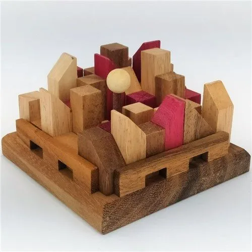 Brainteaser puzzle- City Planner brain teaser puzzle, wood, handmade 3D puzzle-remove shapes and try rebuild your city.