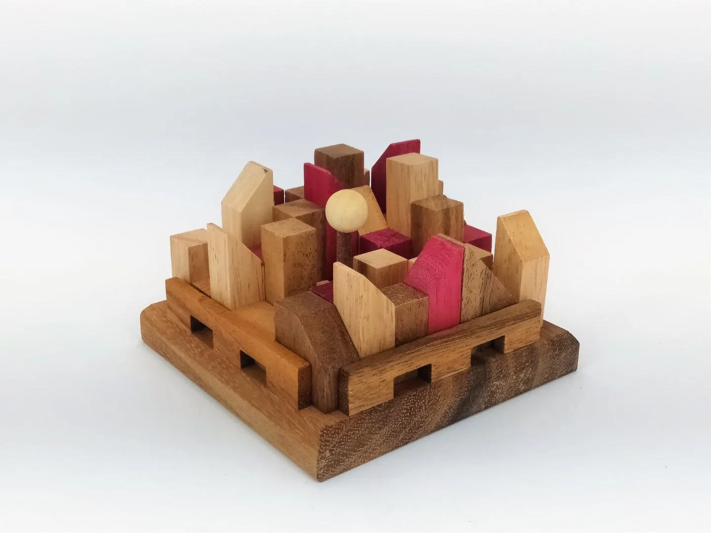 Brainteaser puzzle- City Planner brain teaser puzzle, wood, handmade 3D puzzle-remove shapes and try rebuild your city.