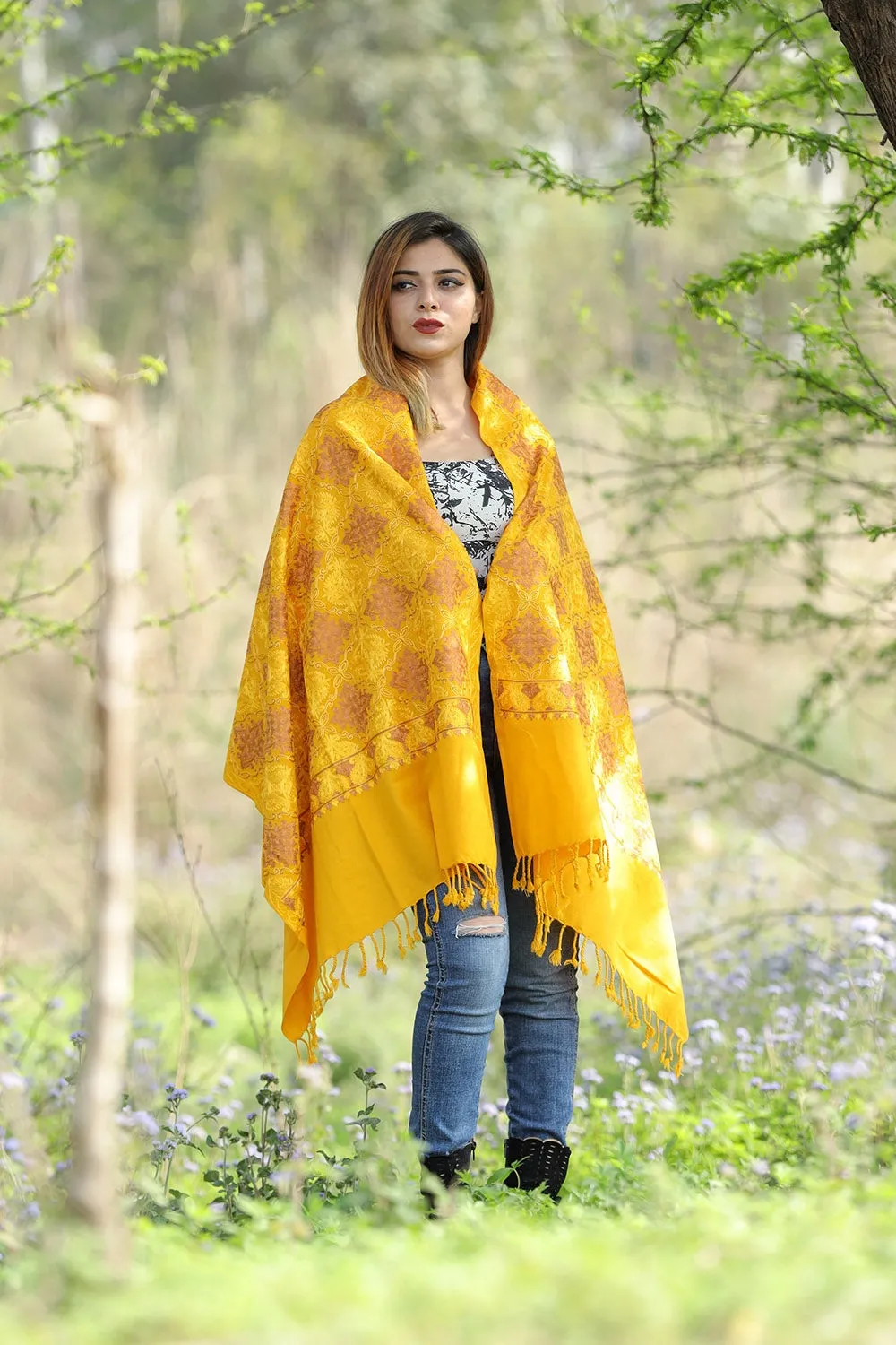 BRIGHT SUNSHINE YELLOW Colour Stole With Graceful Dense Jaal Pattern Of Kashmiri Embroidery Makes It An Ideal Wear.