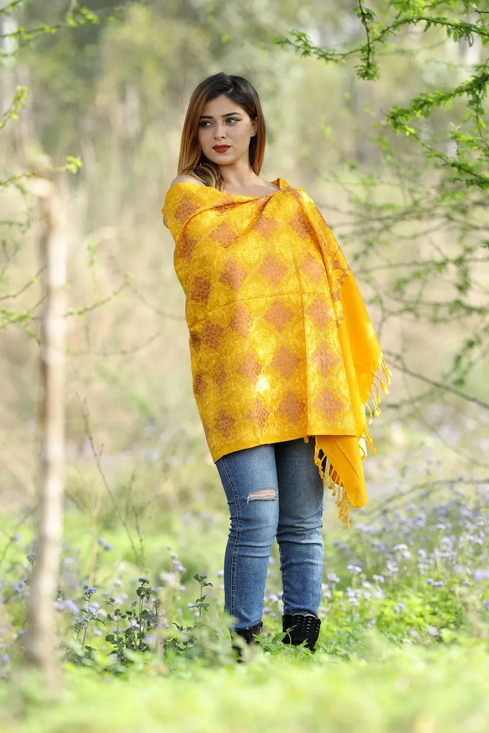 BRIGHT SUNSHINE YELLOW Colour Stole With Graceful Dense Jaal Pattern Of Kashmiri Embroidery Makes It An Ideal Wear.