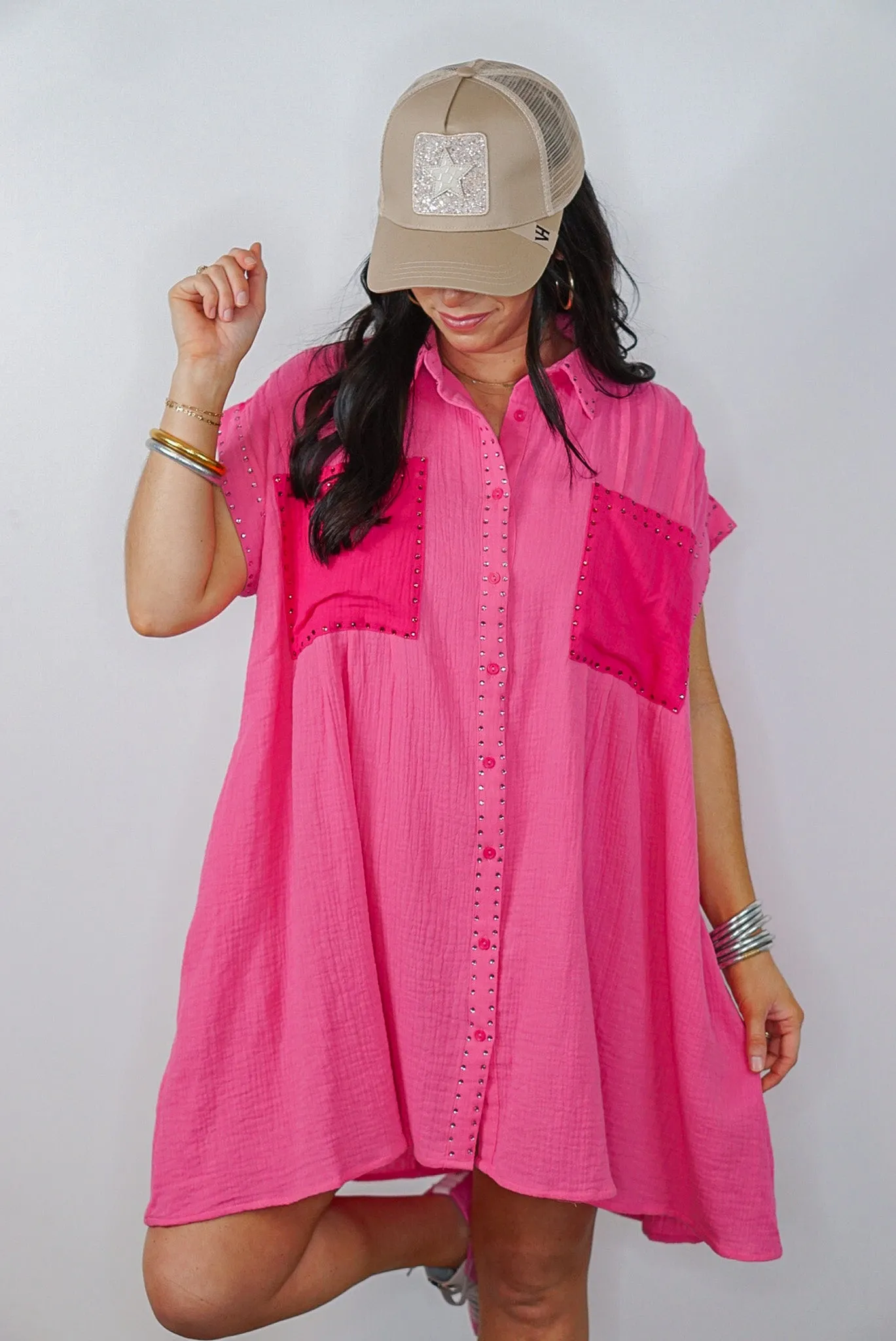 Casual Glam Pink Rhinestone Dress