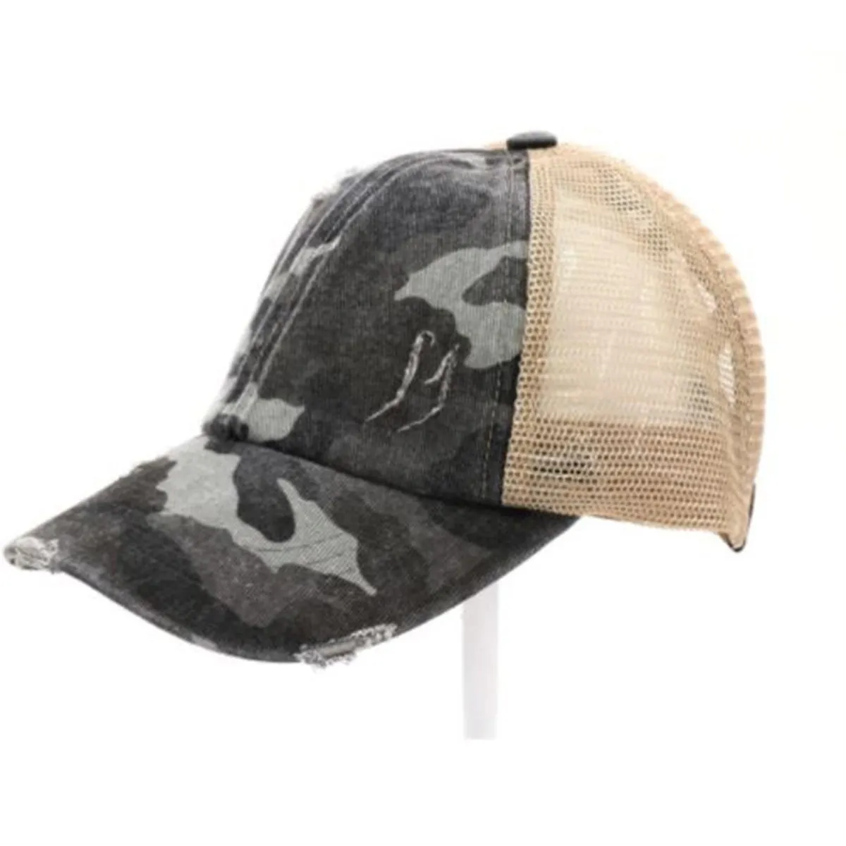 CC Beanie Distressed Camo Crisscross High Ponytail Cap