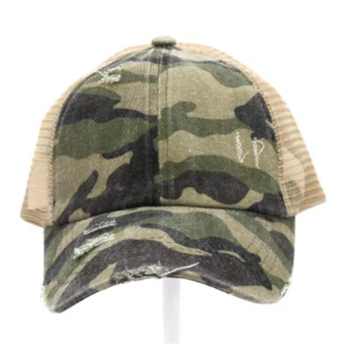 CC Beanie Distressed Camo Crisscross High Ponytail Cap