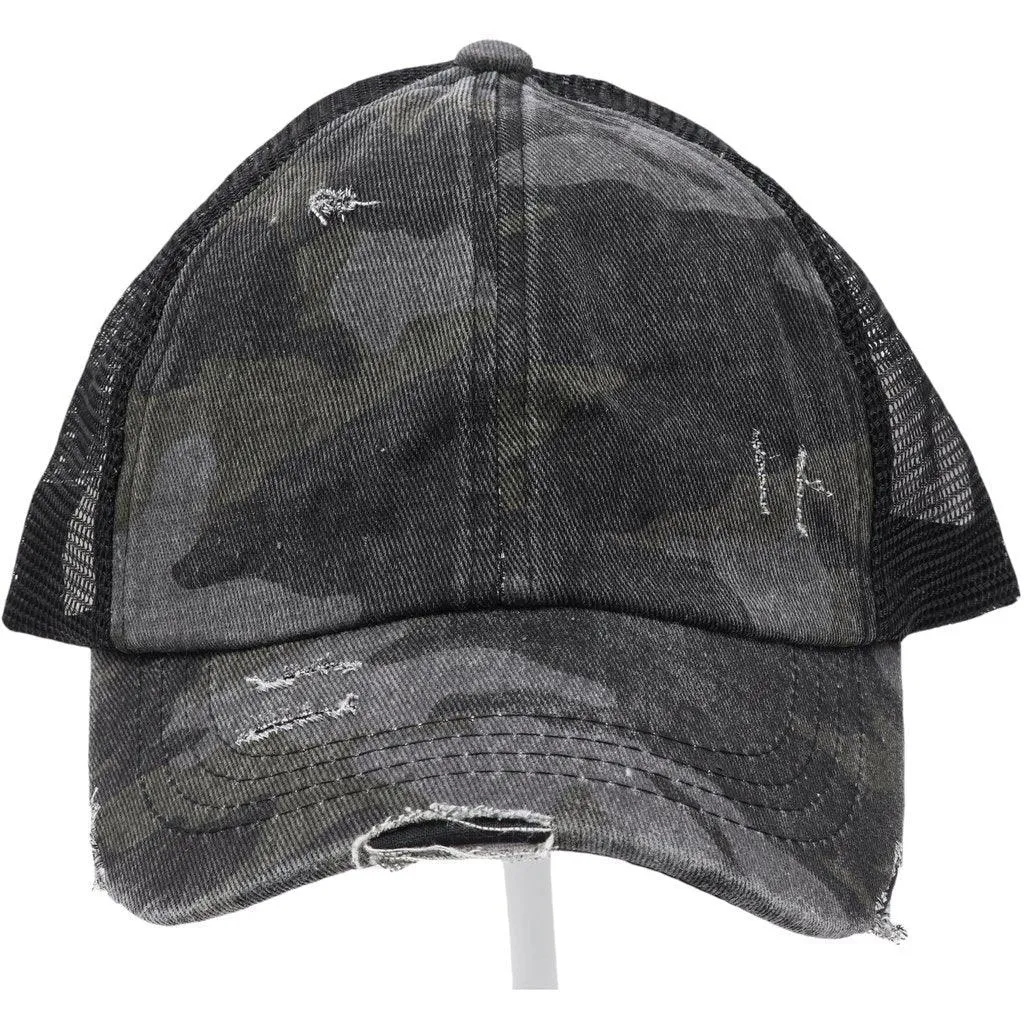 CC Beanie Distressed Camo Crisscross High Ponytail Cap