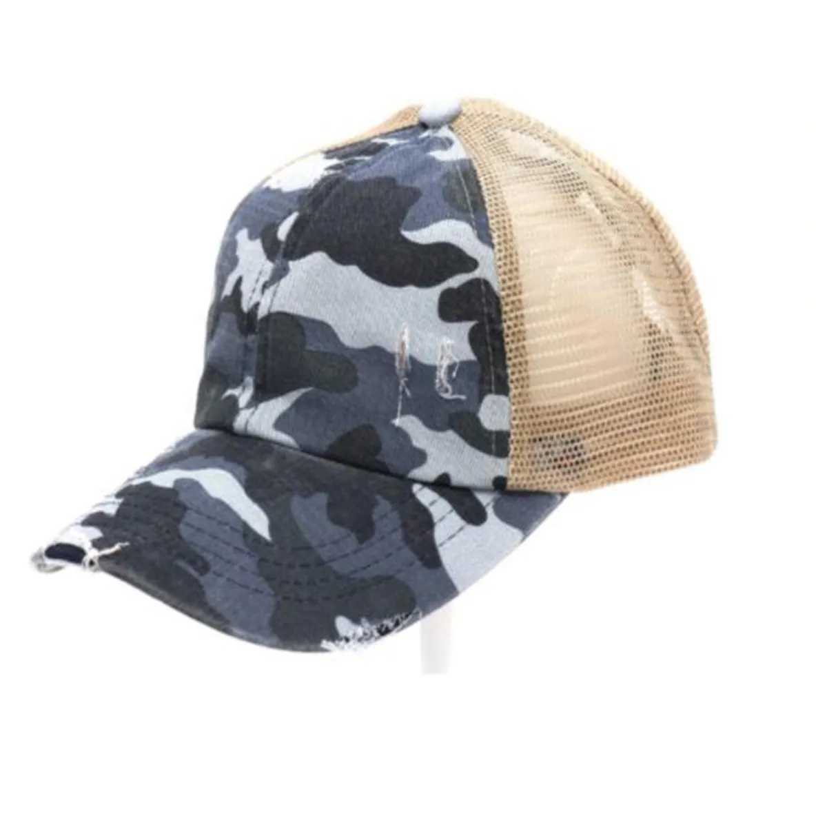 CC Beanie Distressed Camo Crisscross High Ponytail Cap