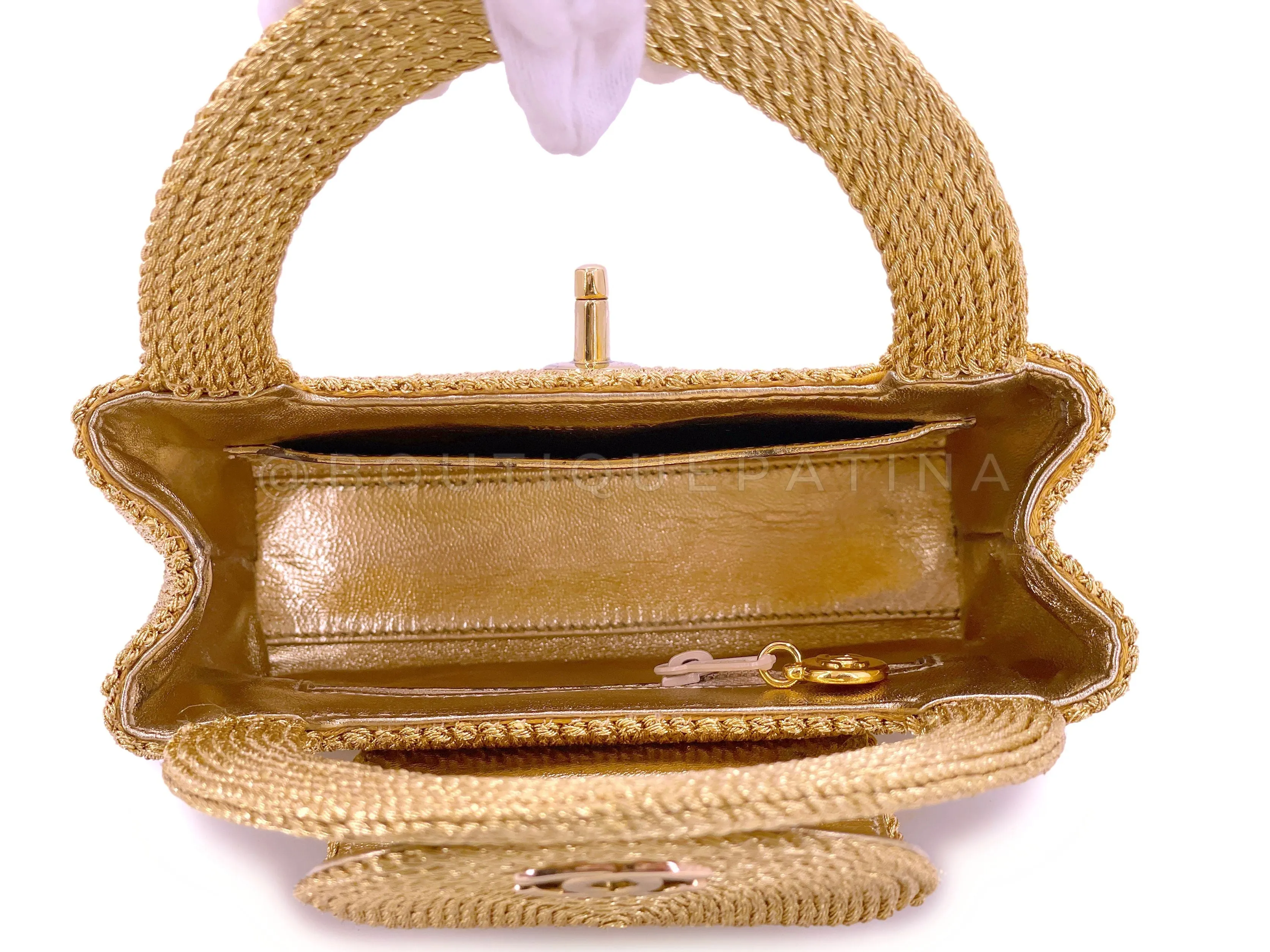 Chanel 1997 Vintage Gold Spun Raffia Micro Mini Kelly Evening Bag 24k GHW