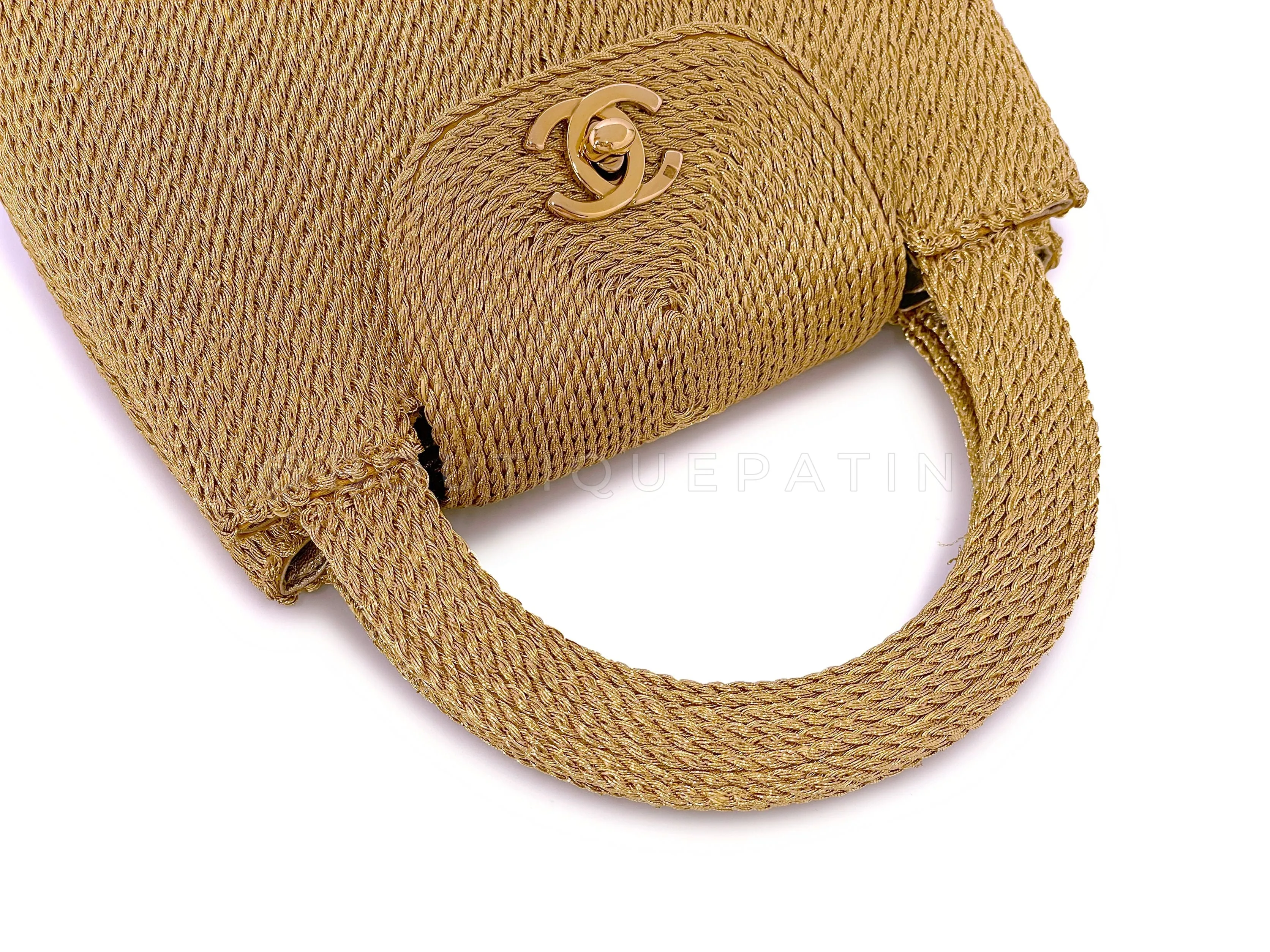 Chanel 1997 Vintage Gold Spun Raffia Micro Mini Kelly Evening Bag 24k GHW