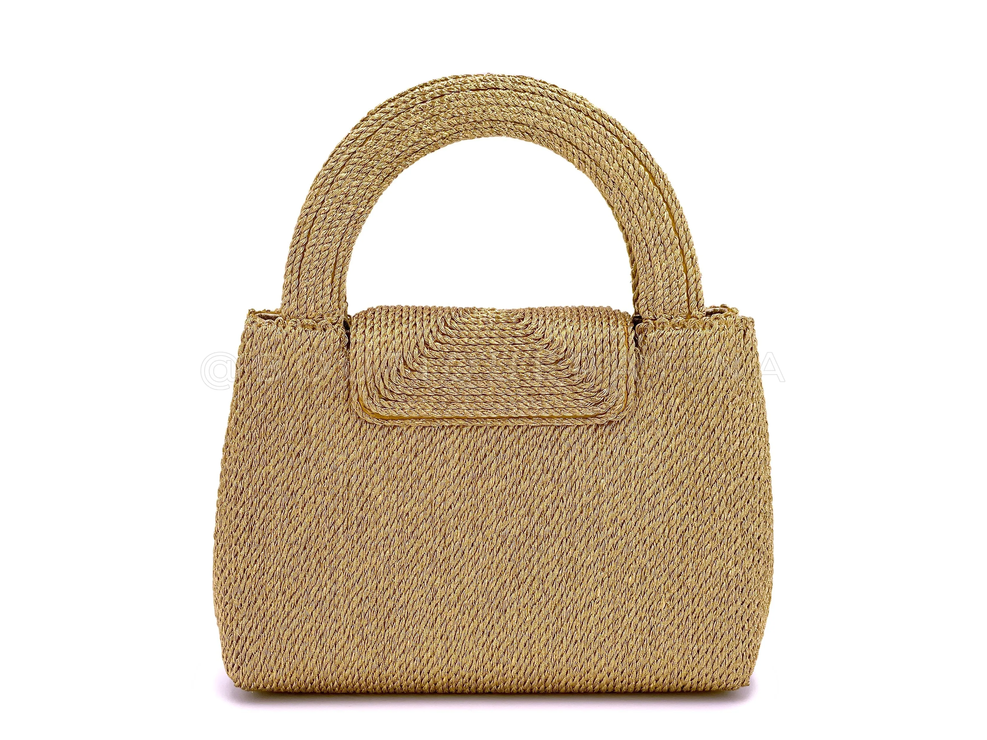 Chanel 1997 Vintage Gold Spun Raffia Micro Mini Kelly Evening Bag 24k GHW