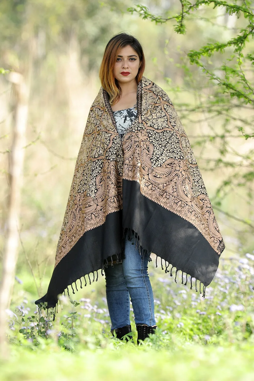 Charcoal Black Colour Stole With Graceful Dense Jaal Pattern Of Kashmiri Embroidery Makes It An Ideal Wear.