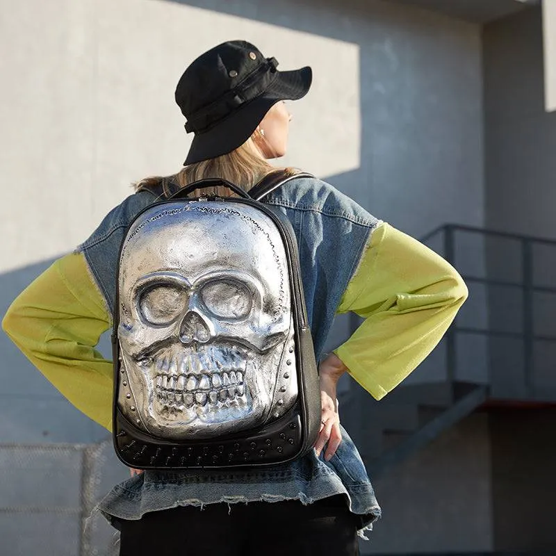 Cool Unisexs 3D Skull Backpack , Smiling Skull Backpack , Studded Large Volumn Laptop Backpack