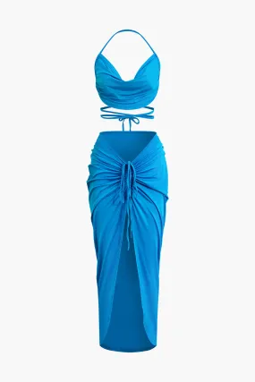 Cowl Neck Halter Ruched Split Maxi Skirt Set