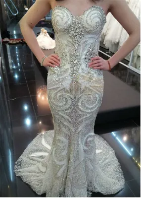 Custom Made Luxurious Sexy Mermaid Wedding Dresses Sweetheart Crystal Beaded Diamond Long Formal Bridal Gowns WD07M