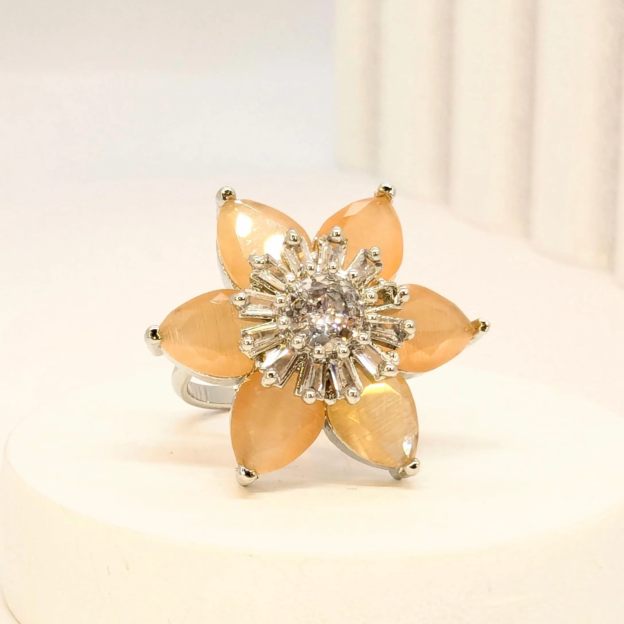 DIVA SERIES - Rhodium Plated  Peach Flower with ADs Adjustable Finger Ring