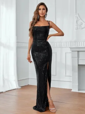 Elegant Backless Split Thigh Sequin Cami Party Dress