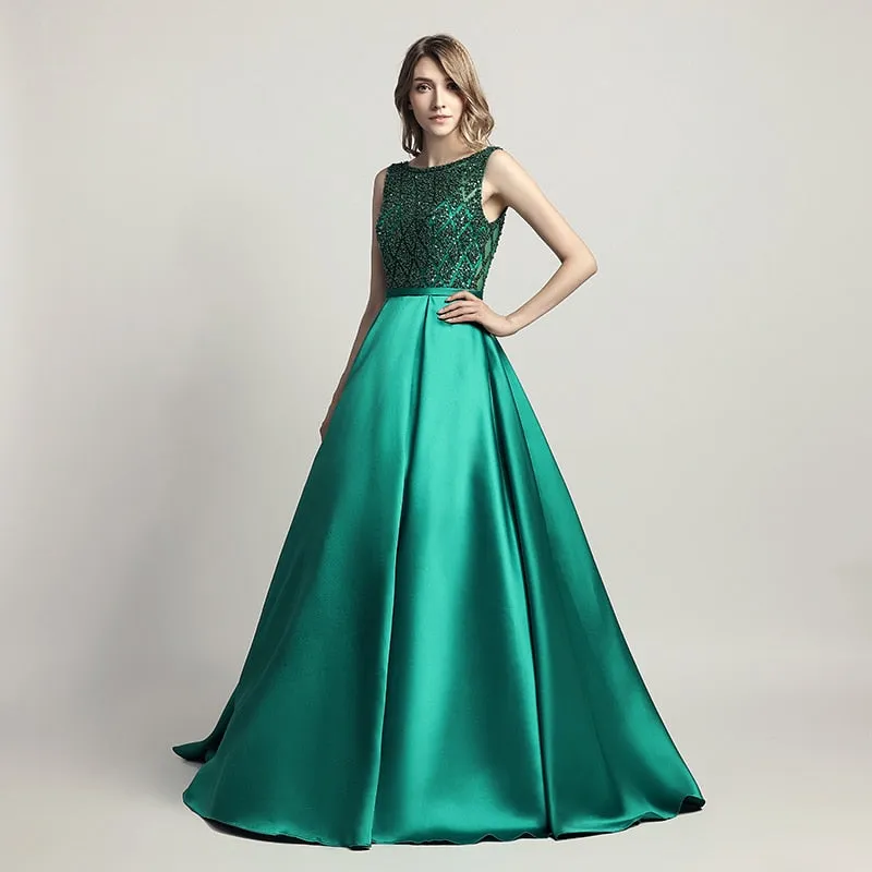 Elegant Evening Dresses O Neck Sleeveless Backless Empire A-Line Party Gown Beaded Sequins