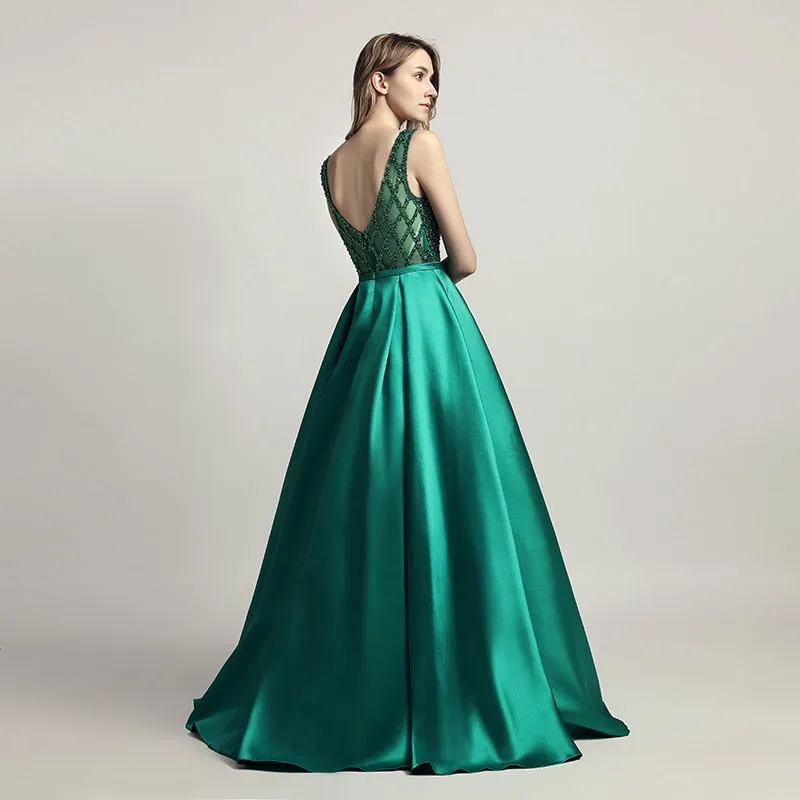 Elegant Evening Dresses O Neck Sleeveless Backless Empire A-Line Party Gown Beaded Sequins