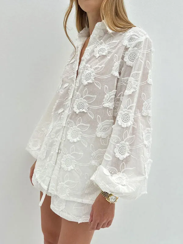 Embroidered Sheer White Shirt & Shorts Set