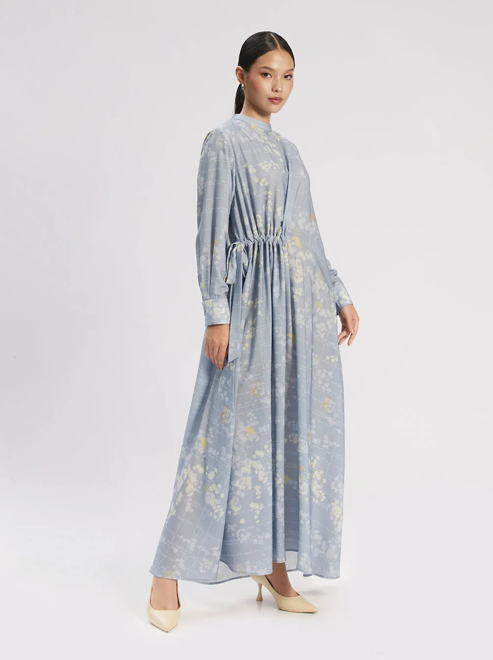 ENOLA GATHERED DRESS STEEL BLUE