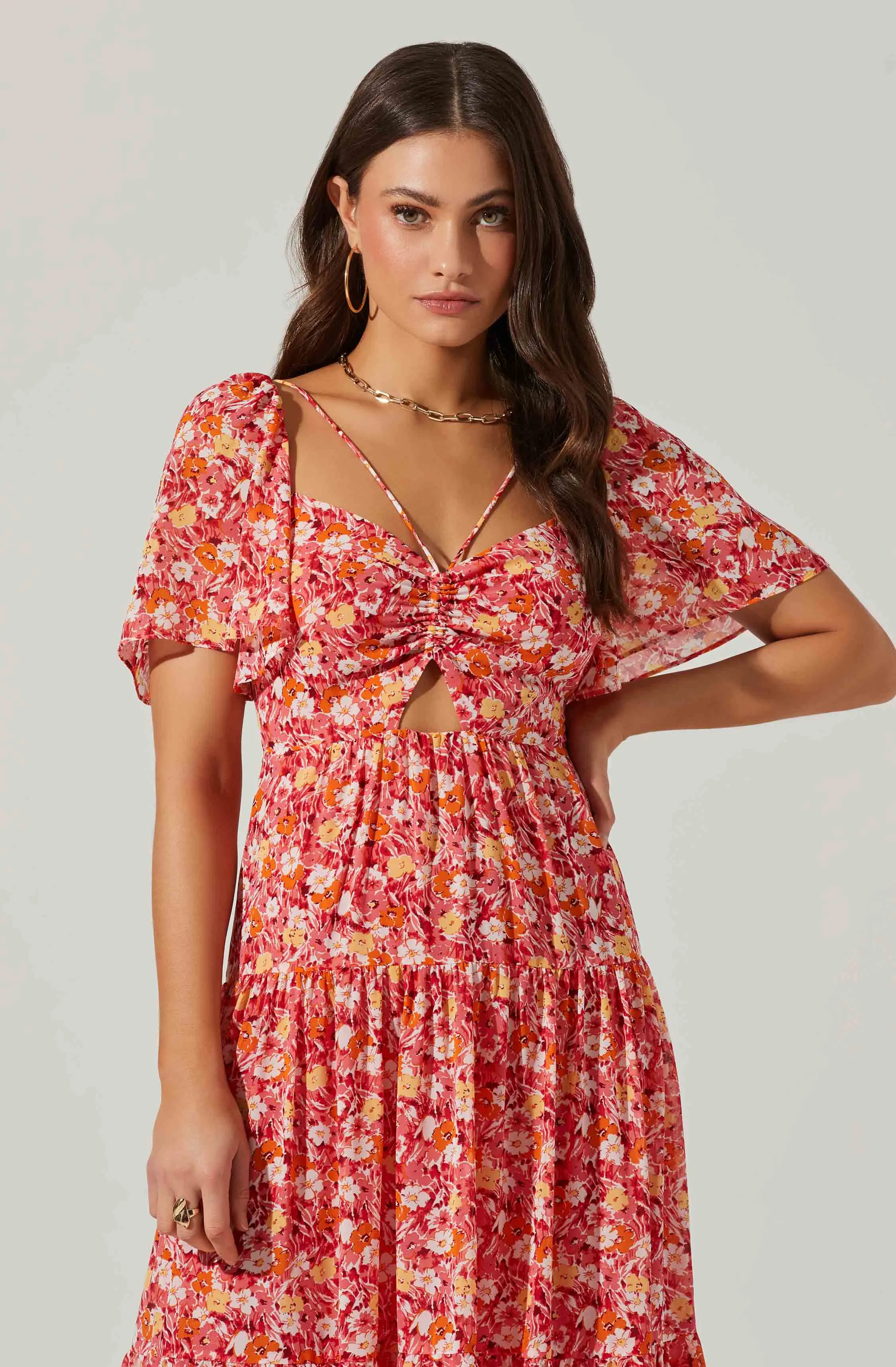 Floral Cinched Bust Cutout Center Midi Dress