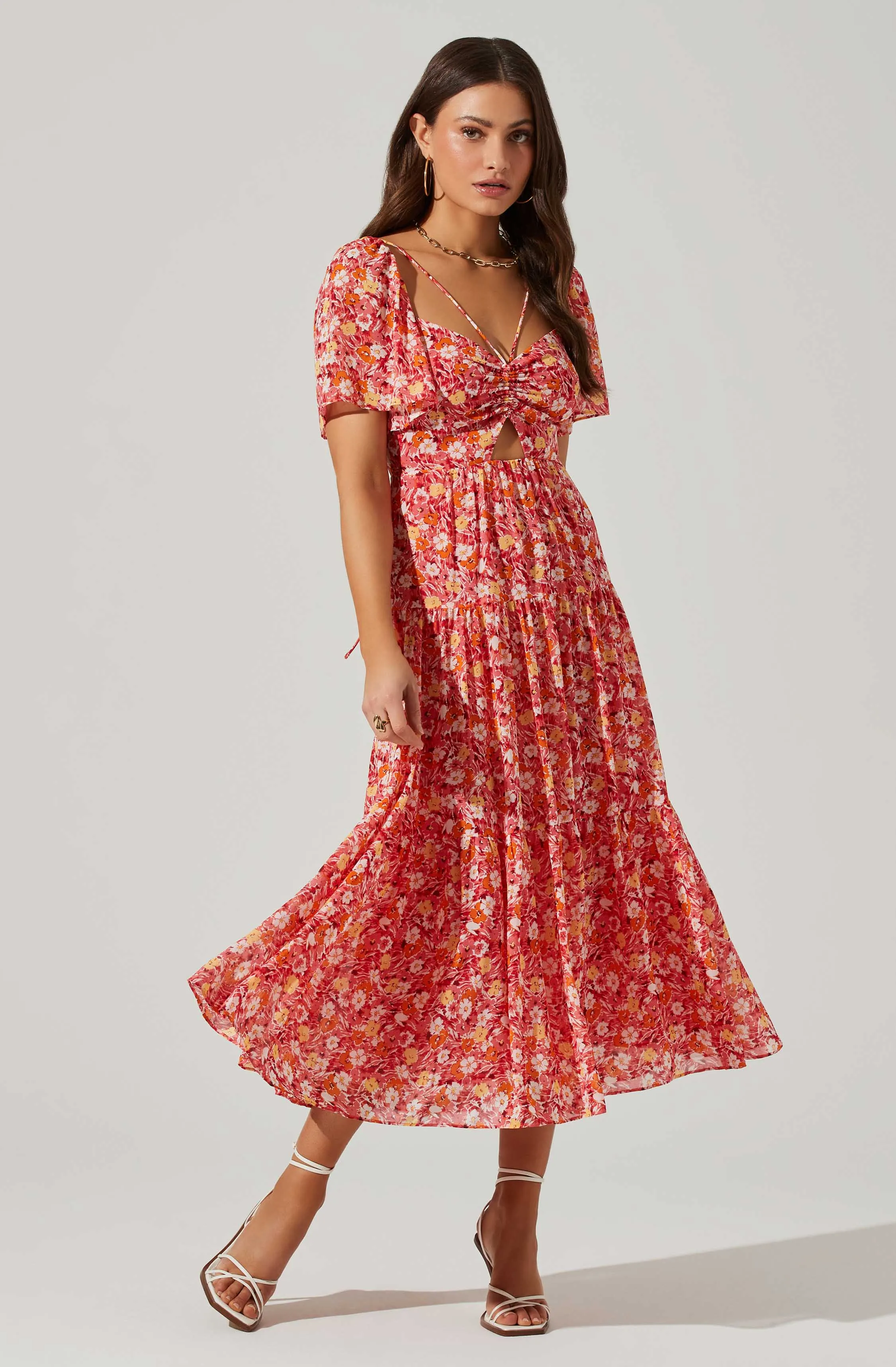 Floral Cinched Bust Cutout Center Midi Dress