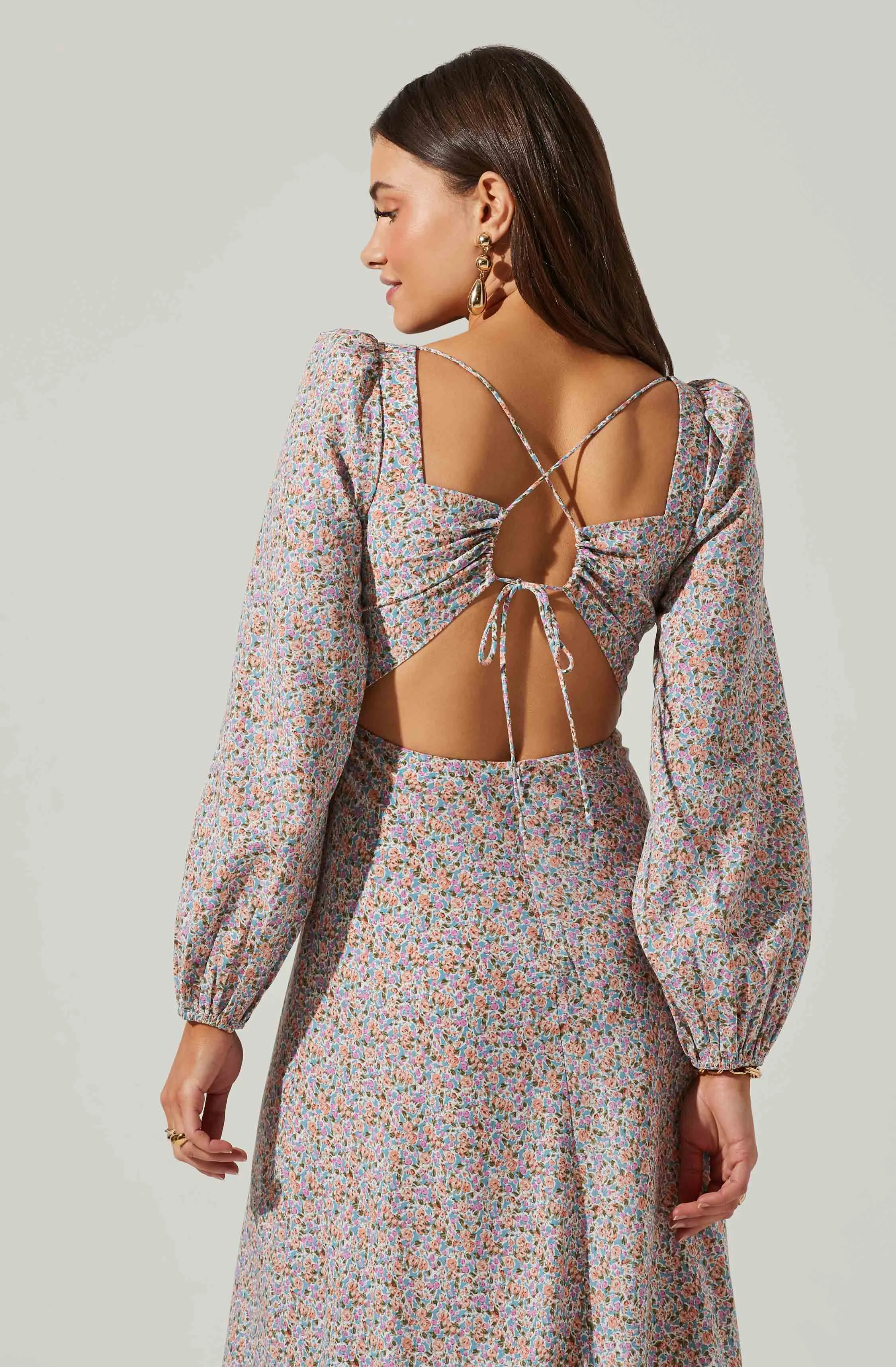 Floral Long Sleeve Back Cut Out Midi Dress