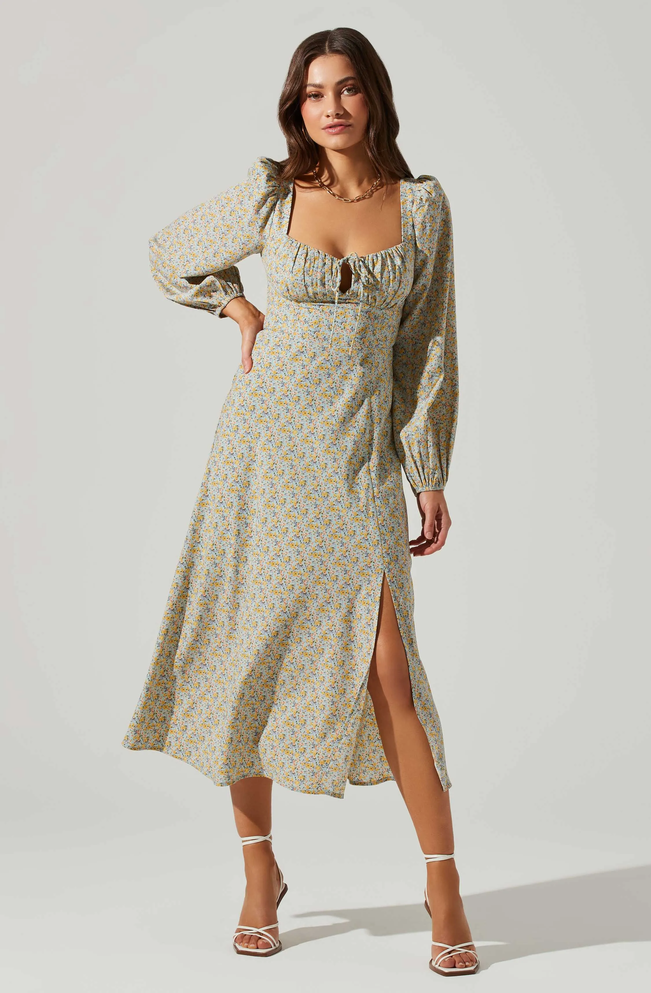 Floral Long Sleeve Back Cut Out Midi Dress