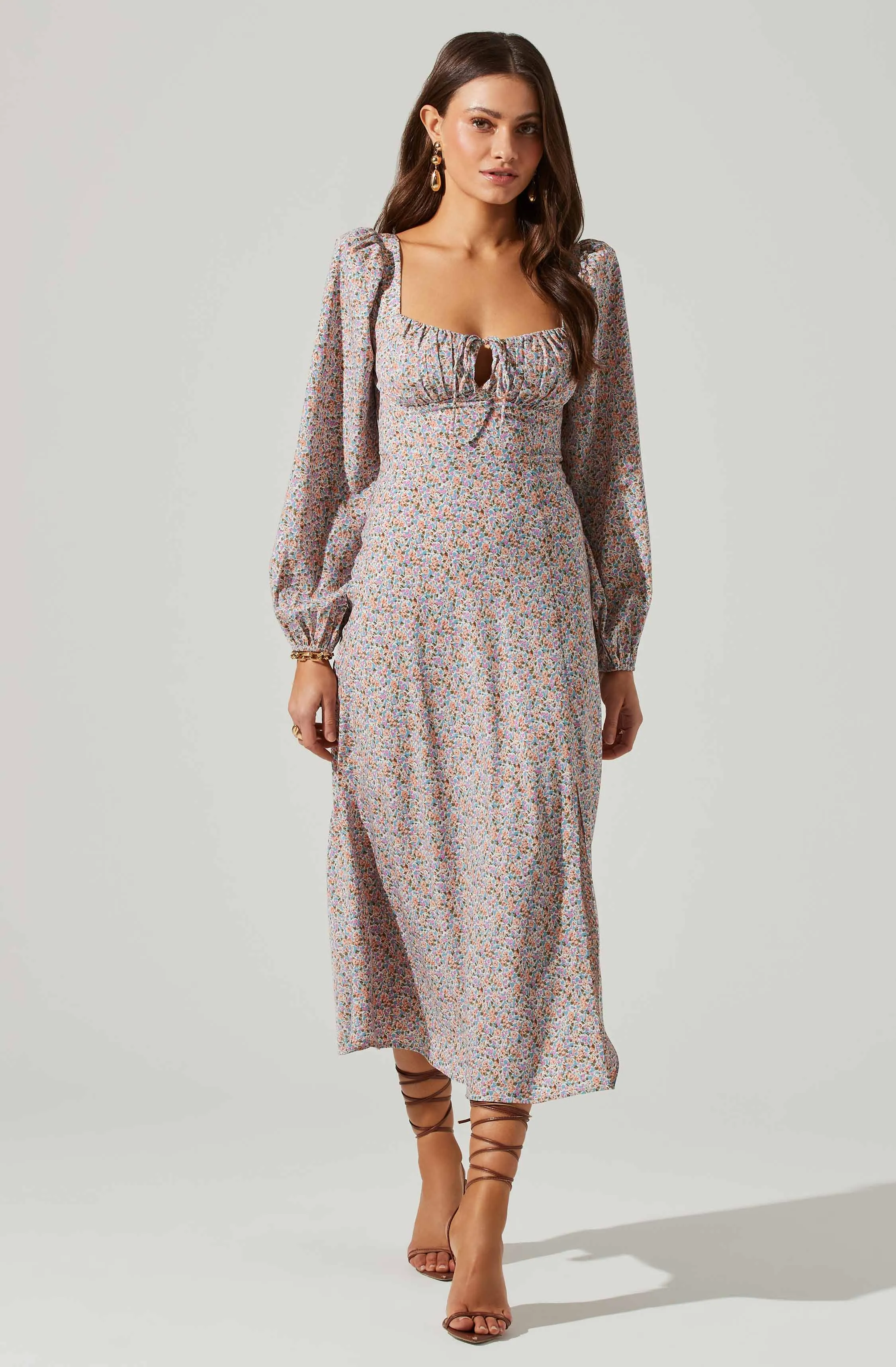 Floral Long Sleeve Back Cut Out Midi Dress