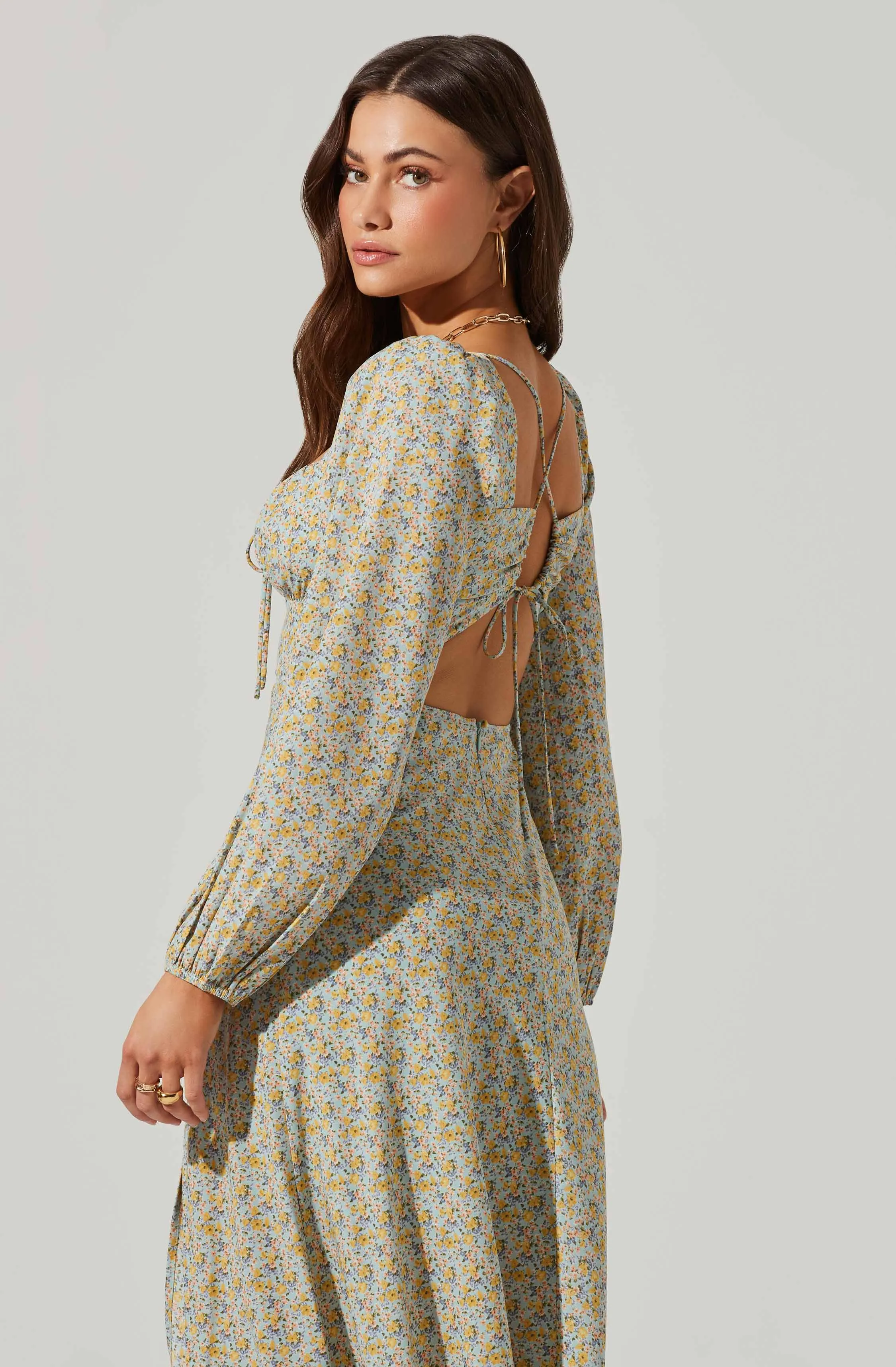 Floral Long Sleeve Back Cut Out Midi Dress