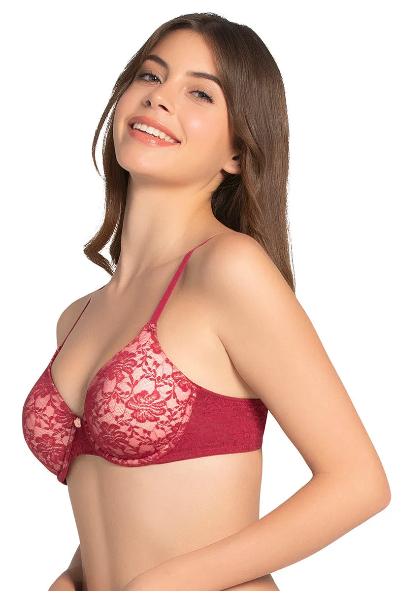 Floral Romance Padded Wired Lace Bra - Rumba Red-Impatiens Pink