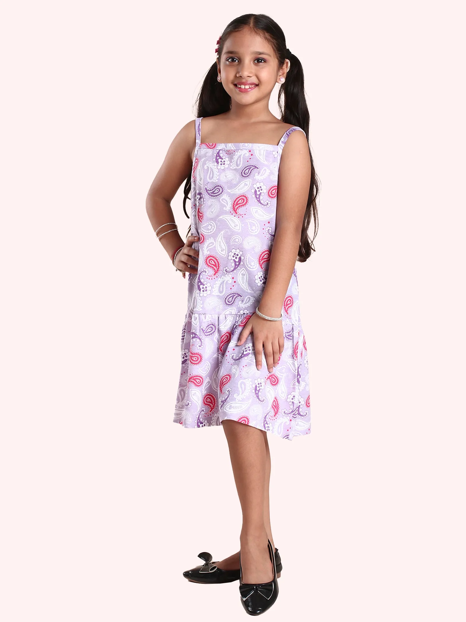 Girls Cotton Printed Bottom Gathered Strap Dress