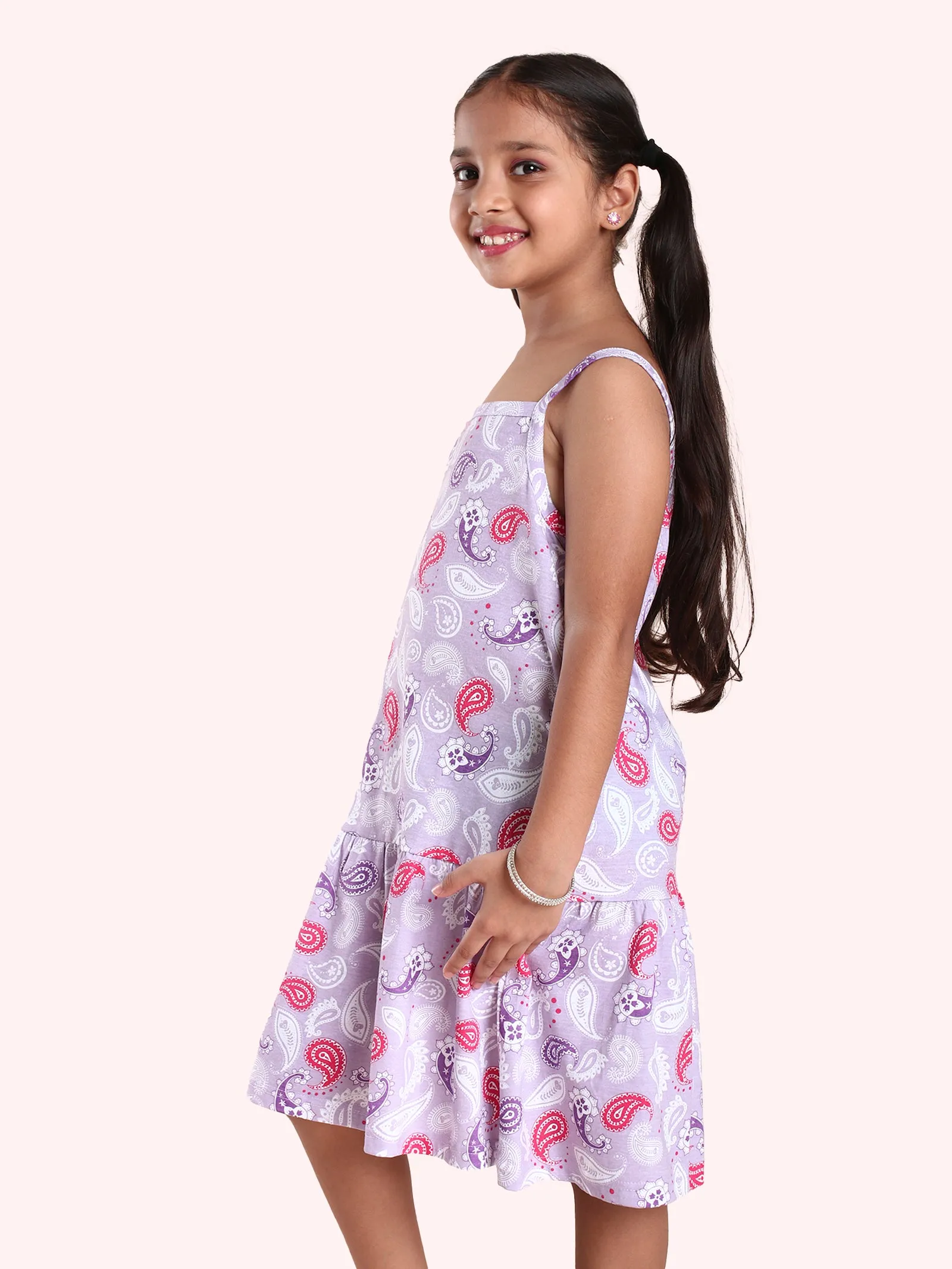 Girls Cotton Printed Bottom Gathered Strap Dress