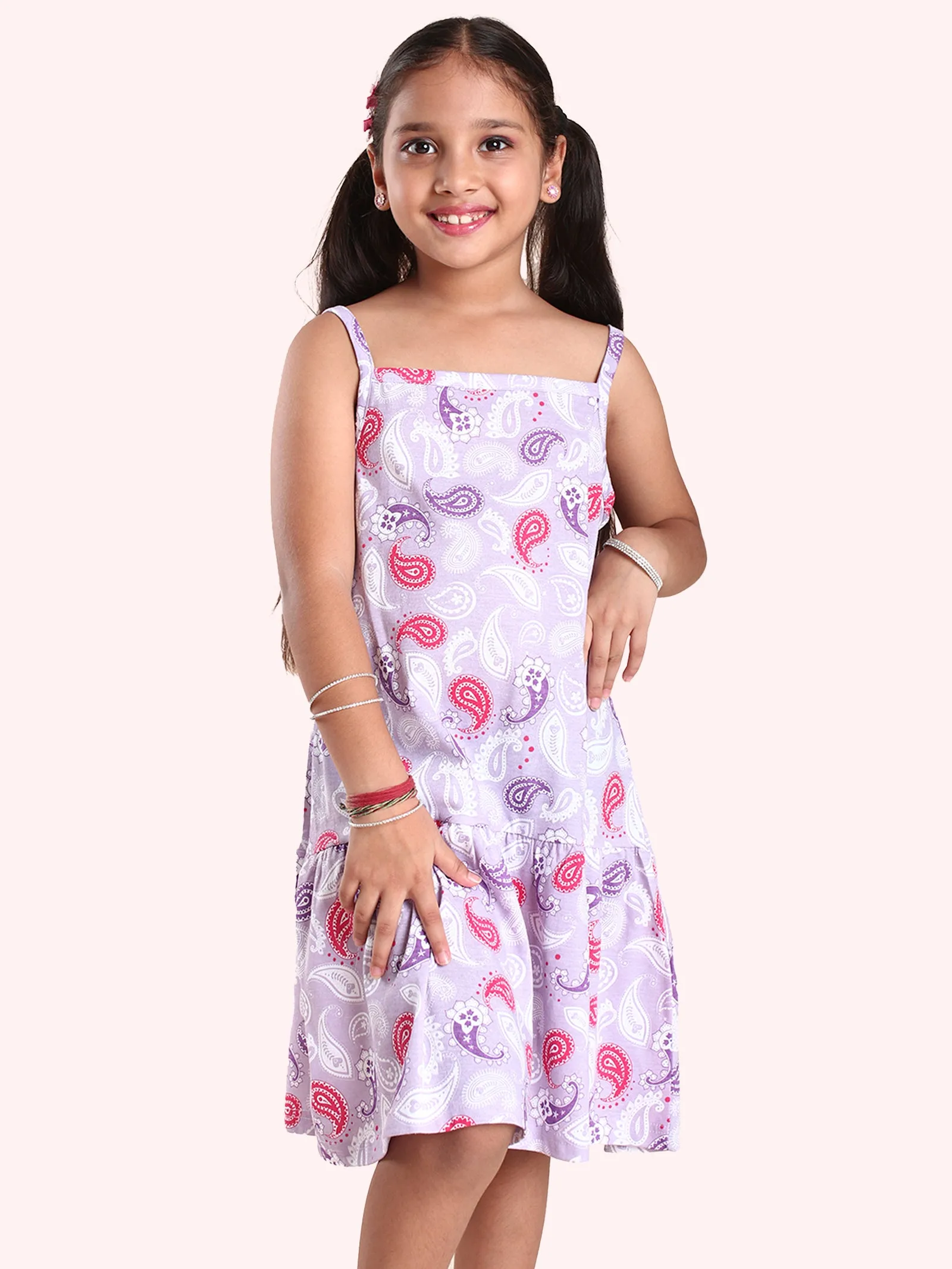 Girls Cotton Printed Bottom Gathered Strap Dress