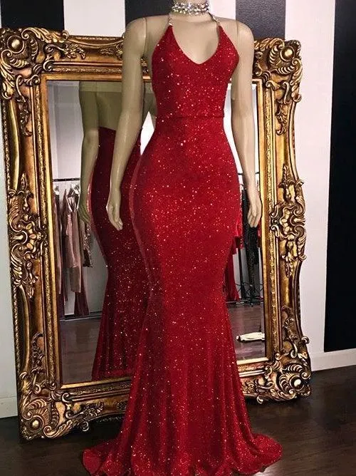 Glitter Sheath Mermaid Backless Halter Beading Long Party Prom Dresses Y0020