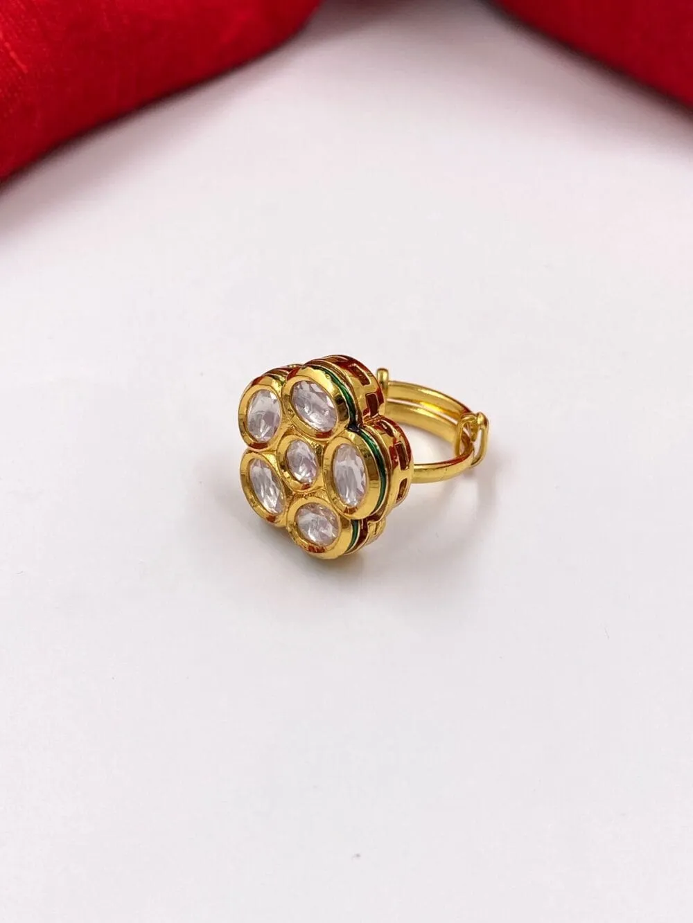 Gold Plated Adjustable Kundan Finger Ring For Ladies By Gehna Shop