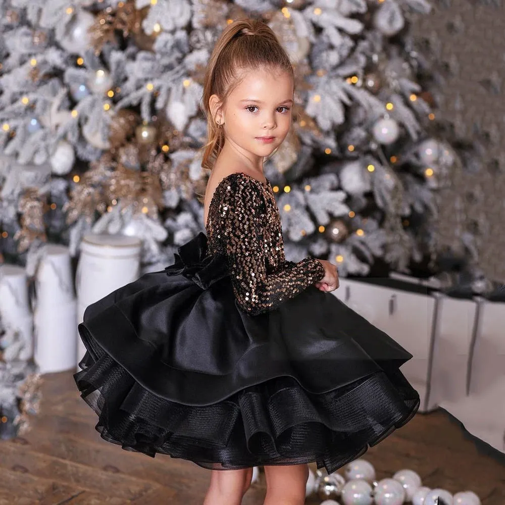 Gold Sequin Long Sleeves Backless Scoop Neck Ruffles Flower Girl Dresses