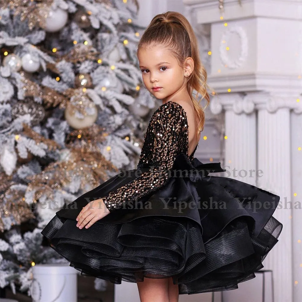 Gold Sequin Long Sleeves Backless Scoop Neck Ruffles Flower Girl Dresses