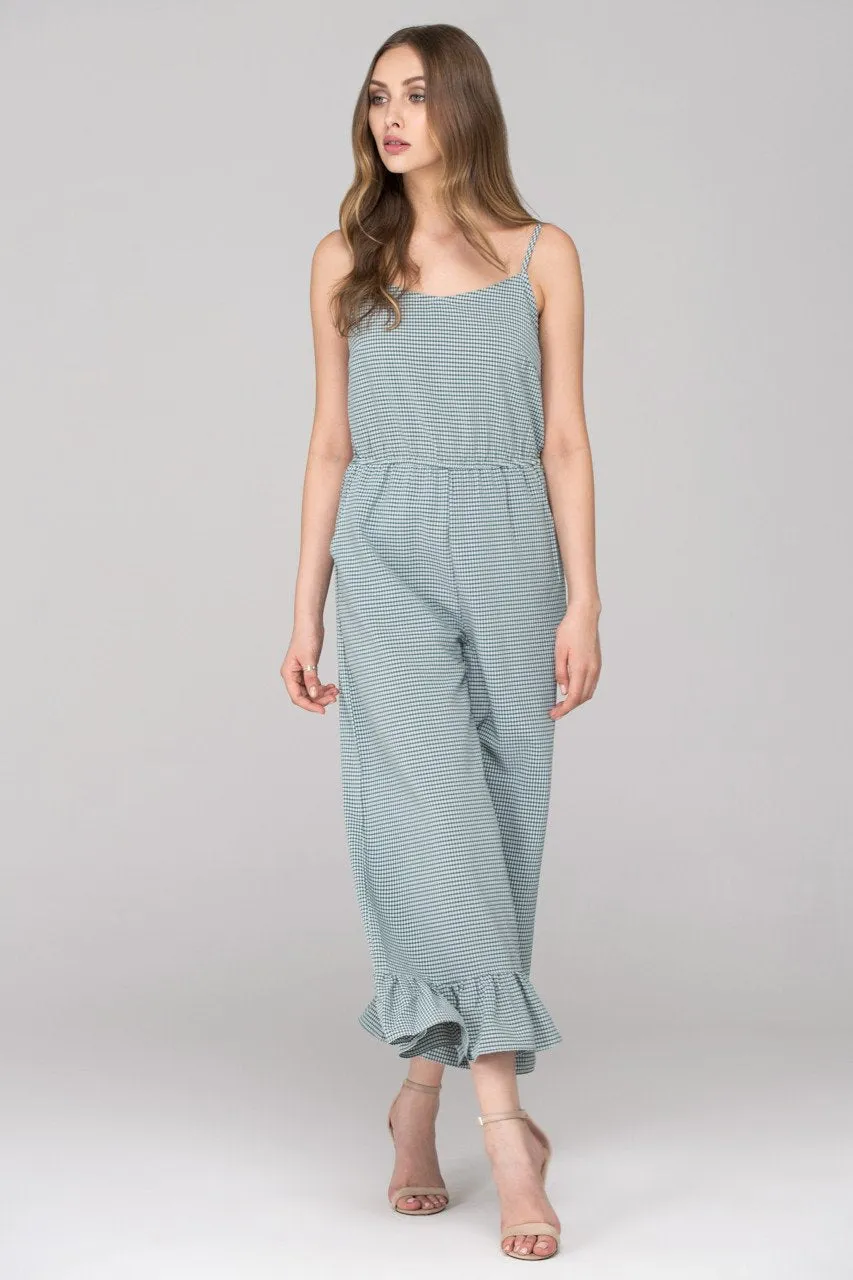 Green Checkered Ruffled Leg Hem Jumpsuit