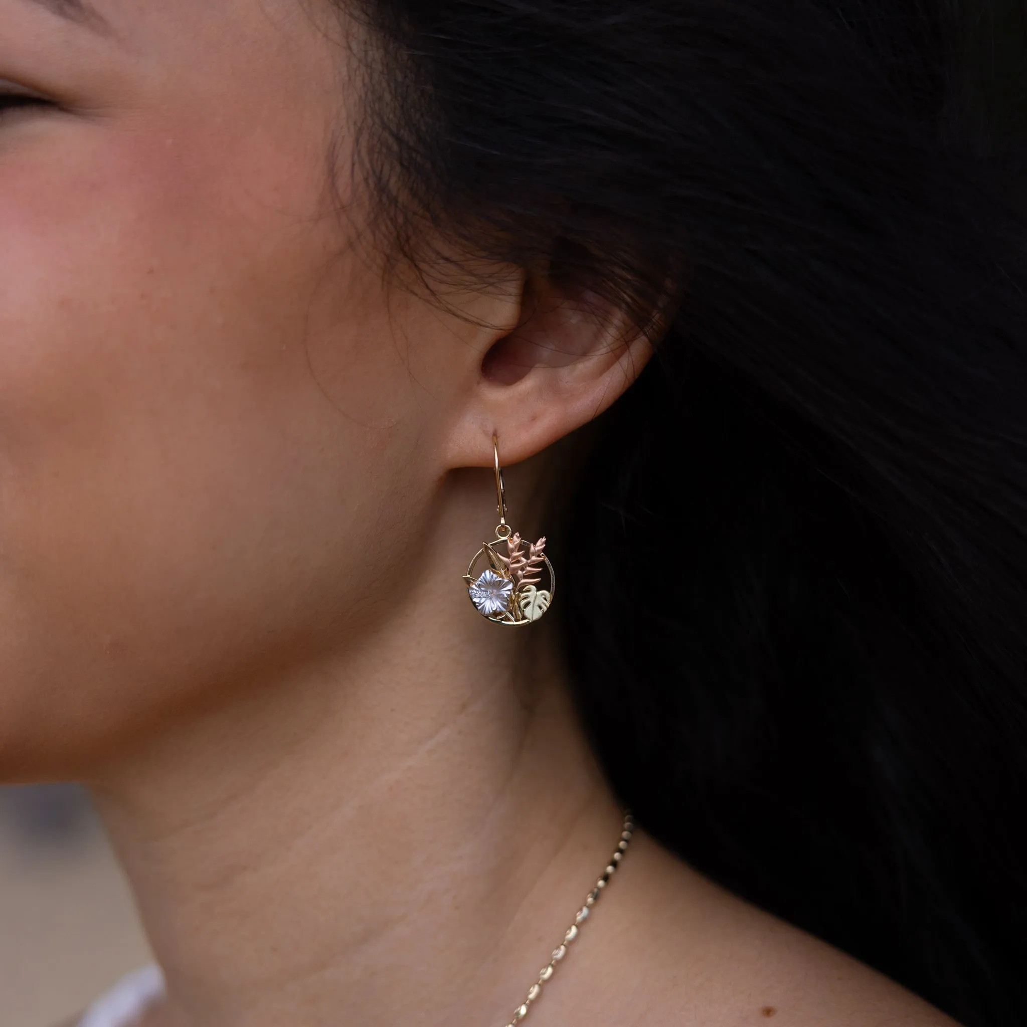 Hawaiian Gardens Hibiscus Earrings in Multi Color Gold with Diamonds - 15mm