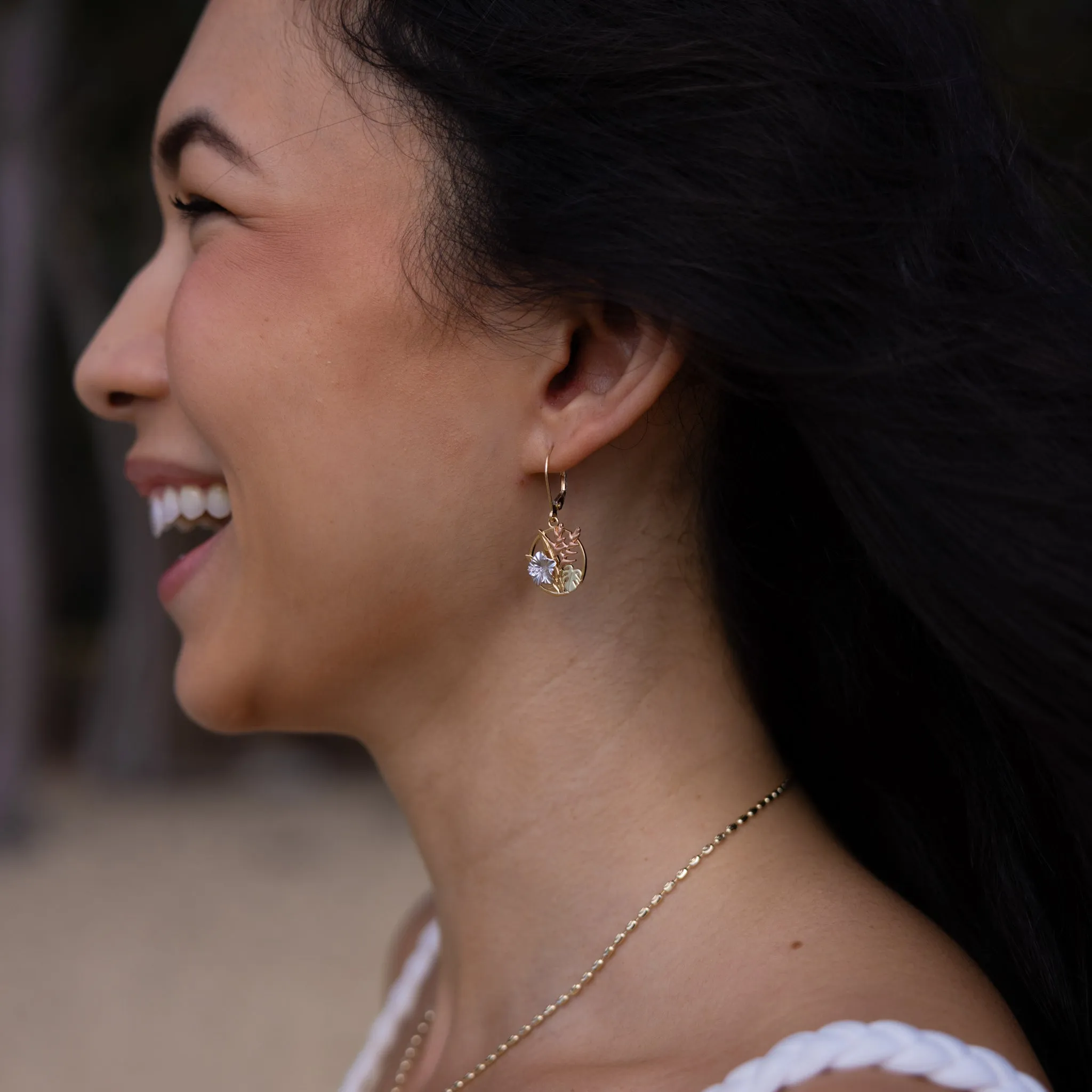 Hawaiian Gardens Hibiscus Earrings in Multi Color Gold with Diamonds - 15mm