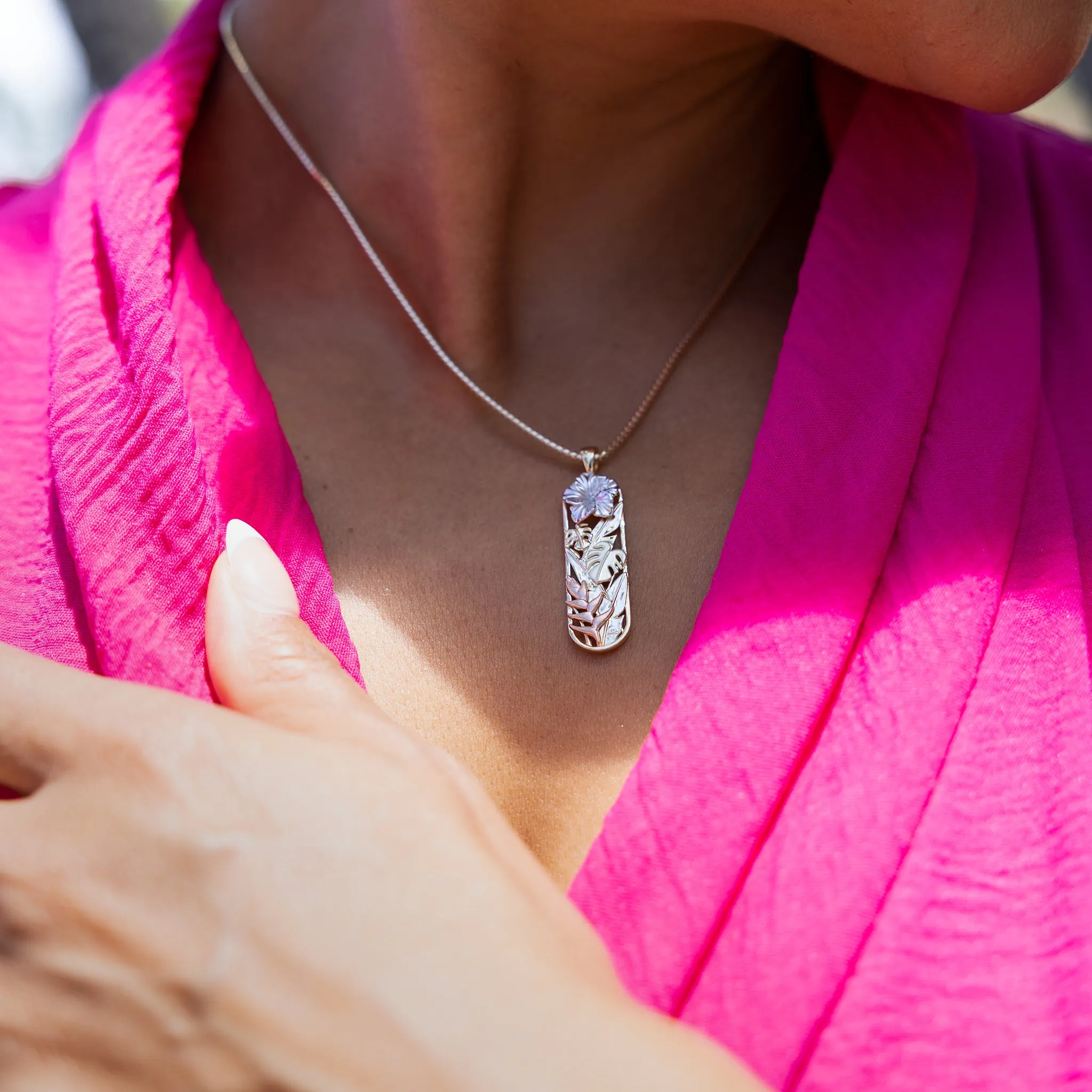 Hawaiian Gardens Hibiscus Pendant in Multi Color Gold with Diamonds - 32mm