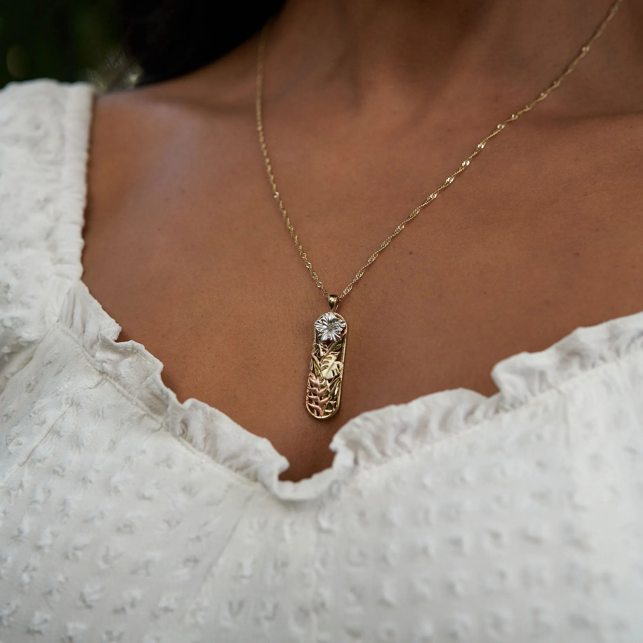 Hawaiian Gardens Hibiscus Pendant in Multi Color Gold with Diamonds - 32mm