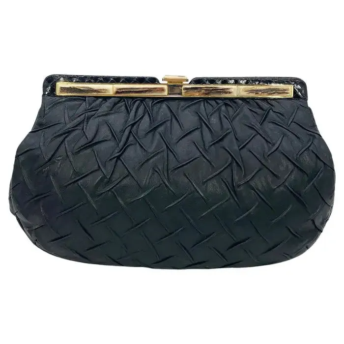 Judith Leiber Black Pleated Leather Resin Bone Top Clutch