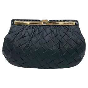 Judith Leiber Black Pleated Leather Resin Bone Top Clutch