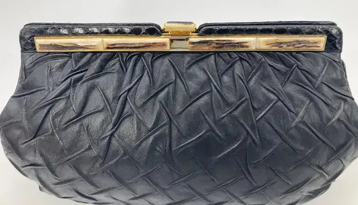 Judith Leiber Black Pleated Leather Resin Bone Top Clutch