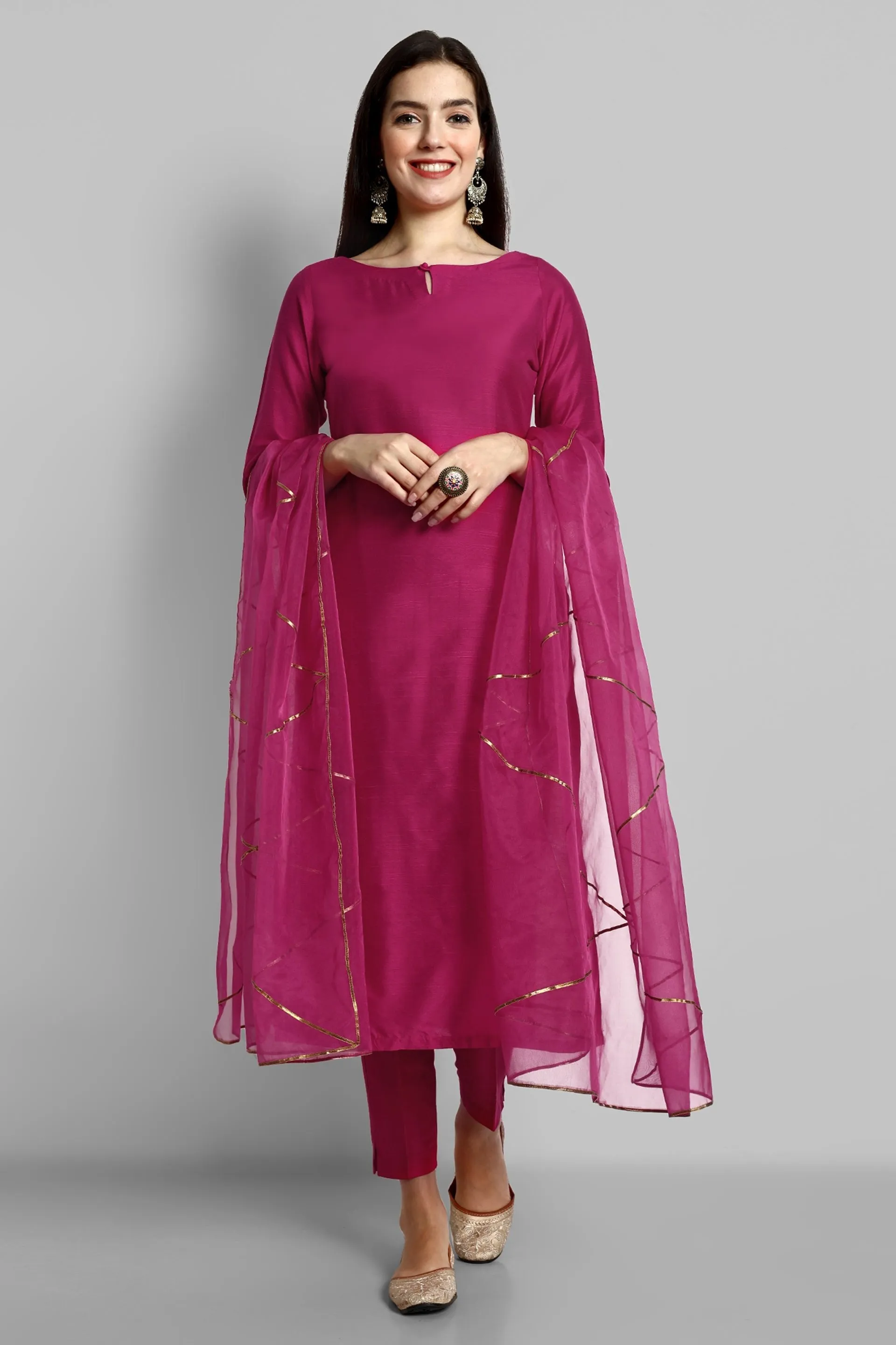 Key hole Hot Pink Boat Neck Style with elasticated pant and Organza Dupatta - Set of 3